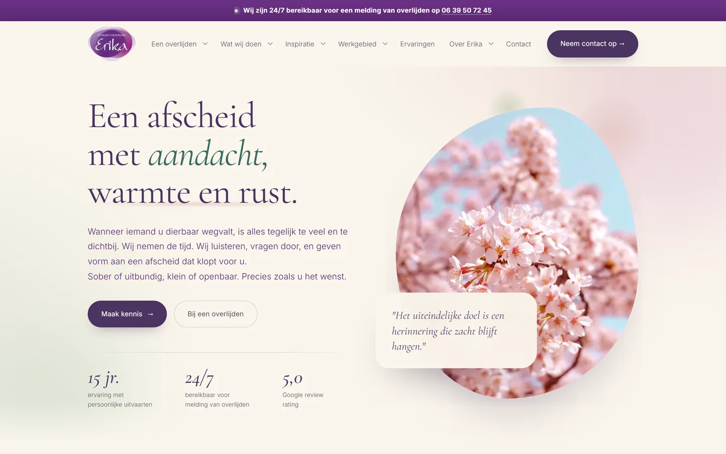 de homepage van Uitvaartverzorging Erika op een breed scherm