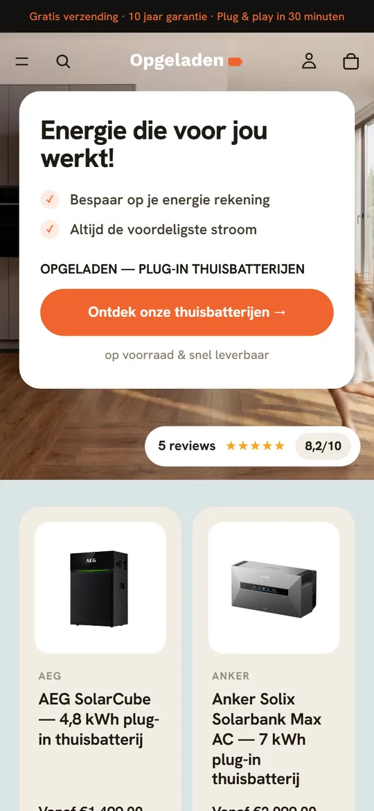 de homepage van Opgeladen op een telefoon
