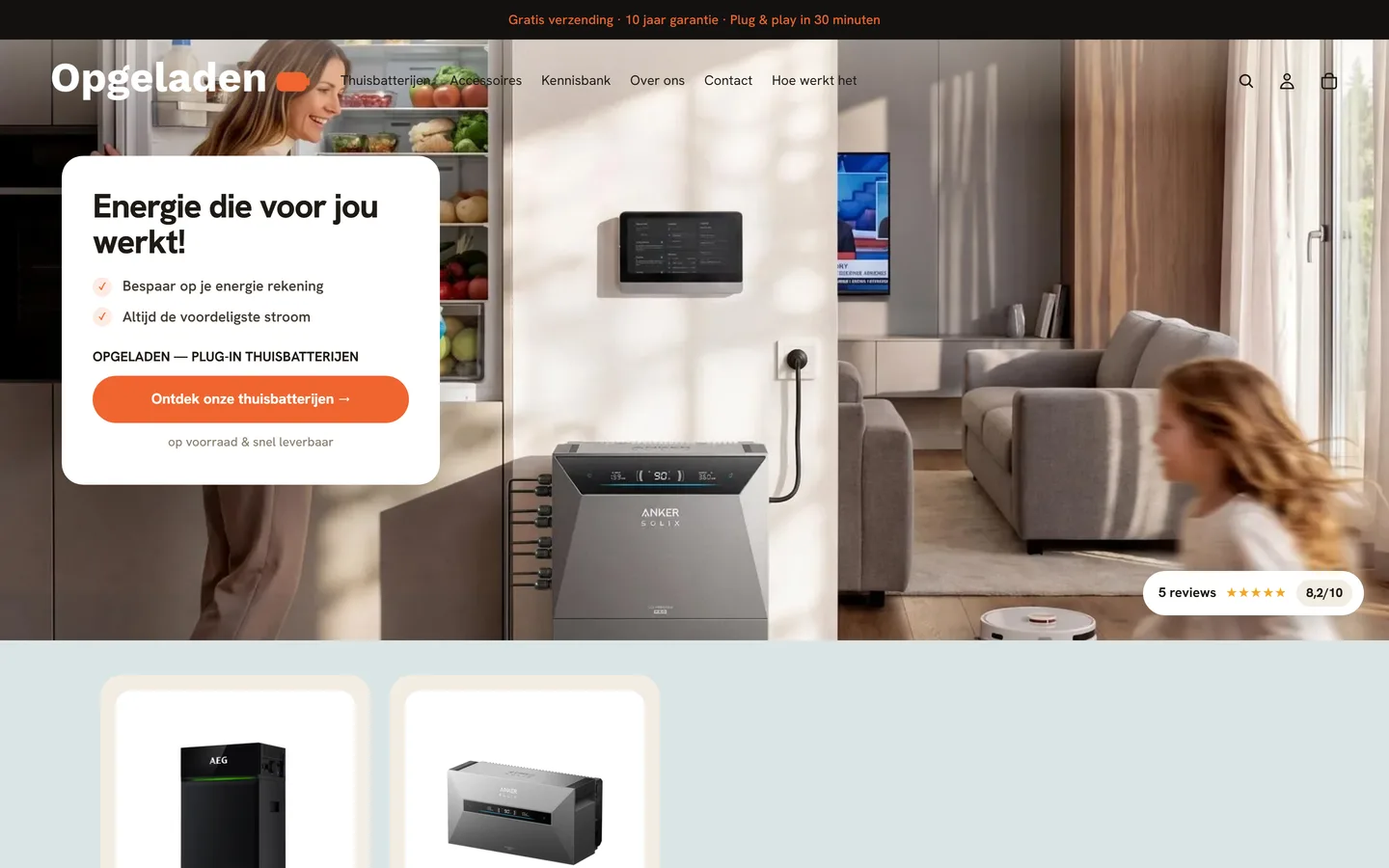 de homepage van Opgeladen op een breed scherm