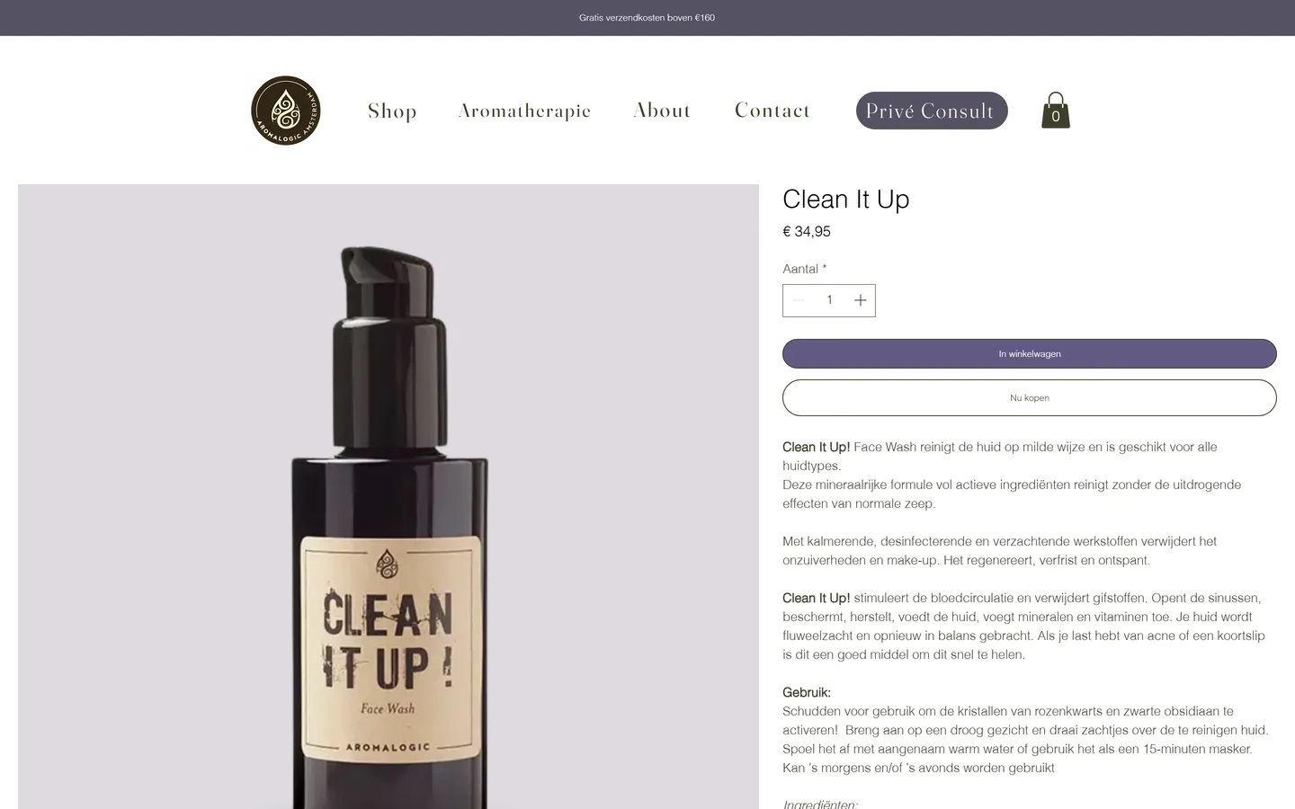 de productpagina Clean It Up van Aromalogic op een breed scherm